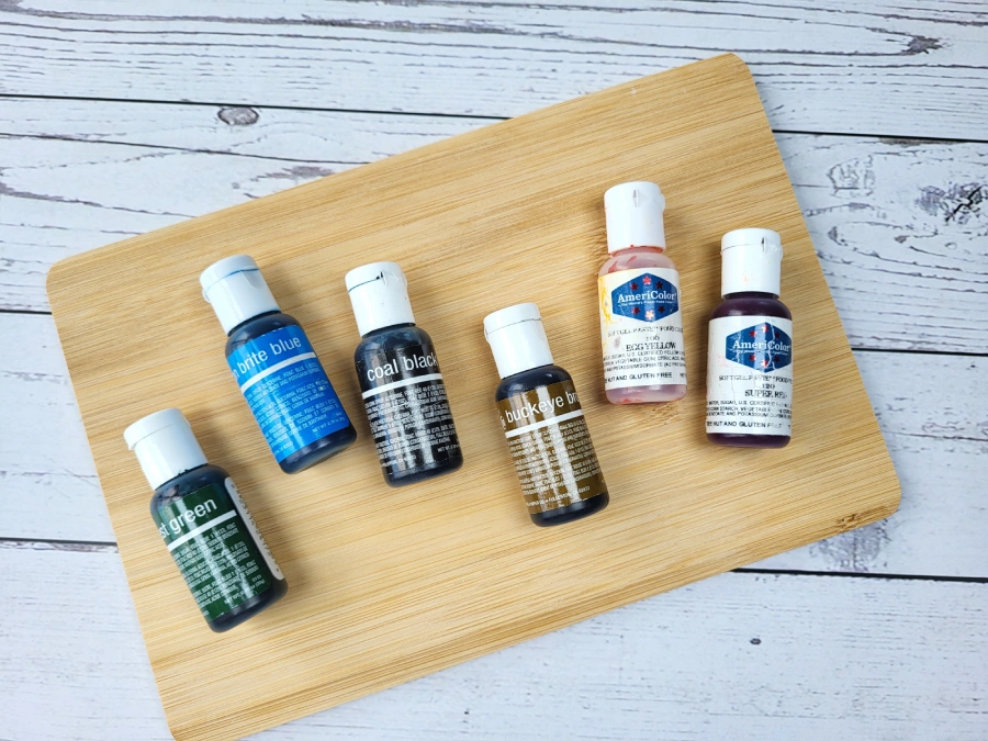 Basic gel food colors used for cookie decorating with royal icing