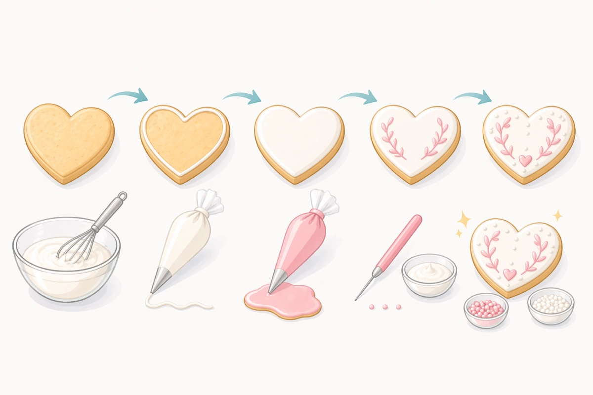 Step by step cookie decorating with royal icing from outline to finished design