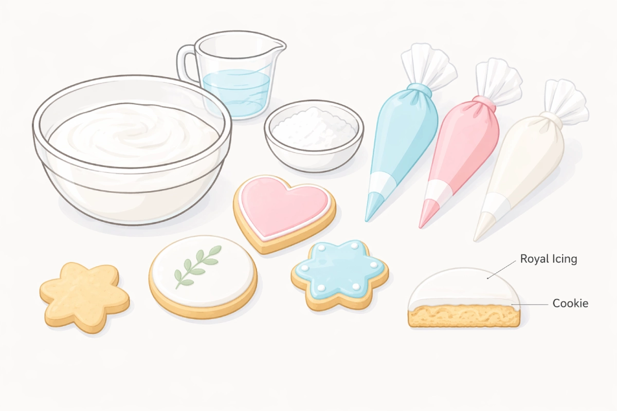 Royal icing basics for cookie decorating with piping bags and decorated cookies