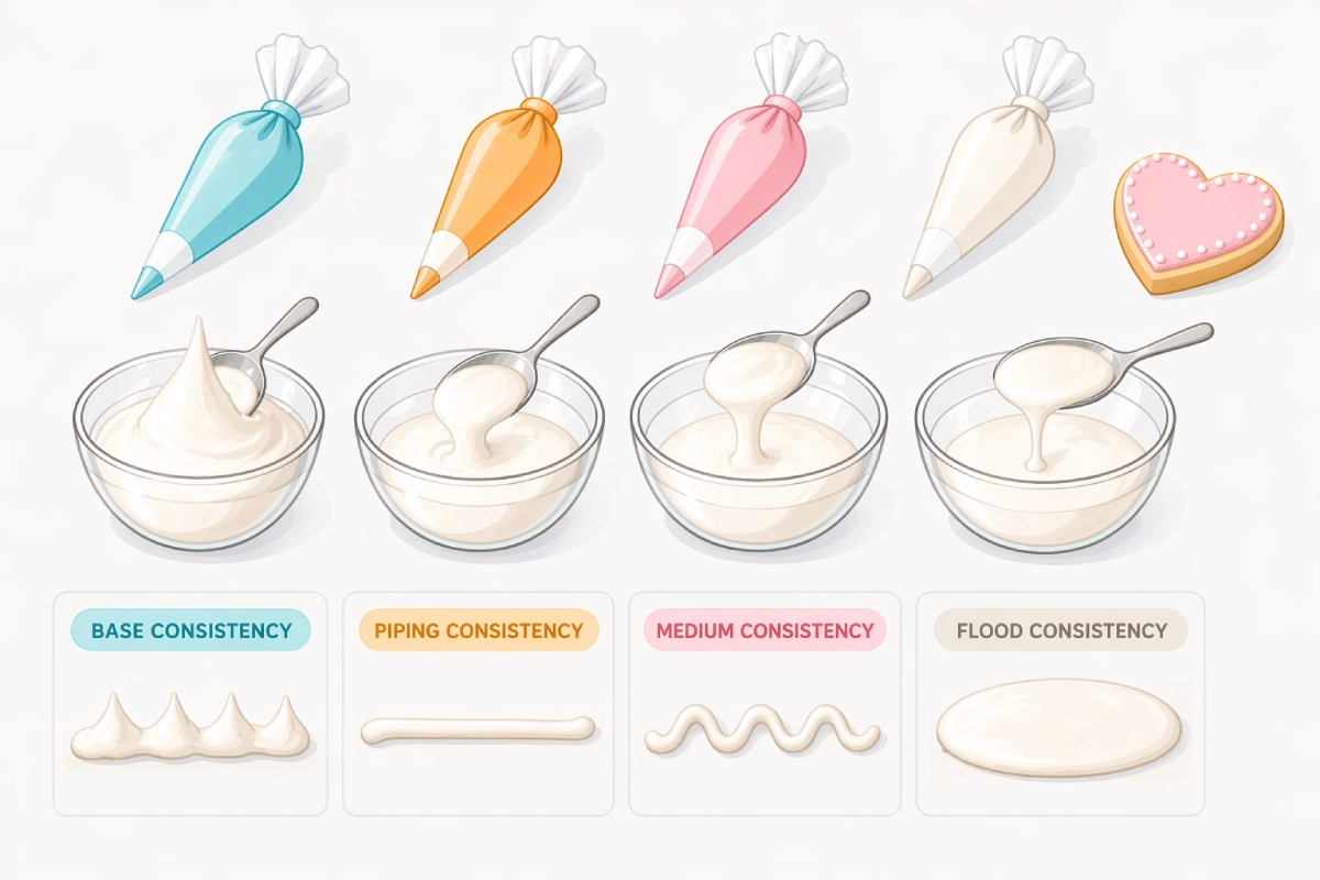 Royal icing consistency guide showing piping and flood icing textures for cookies